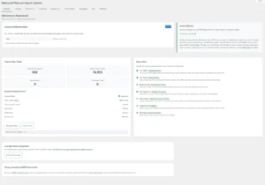 Relevanssi Overview tab showing license authentication, index status, and links to settings